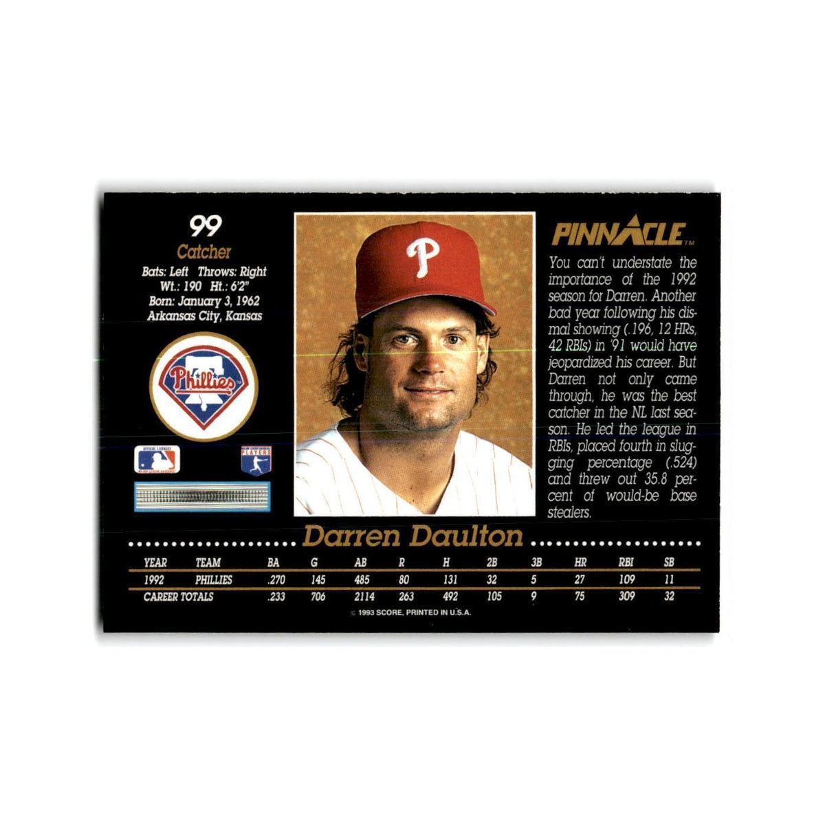 Darren Daulton 1993 Pinnacle #99 Philadelphia Phillies Baseball Card NM