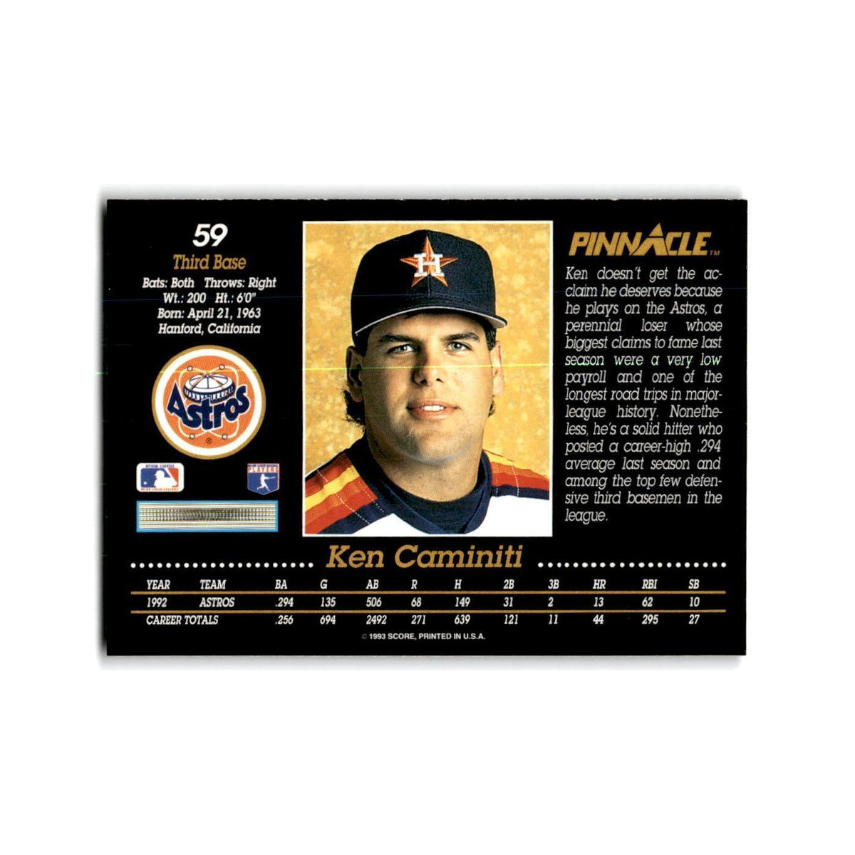 Ken Caminiti 1993 Pinnacle #59 Houston Astros Baseball Card NM