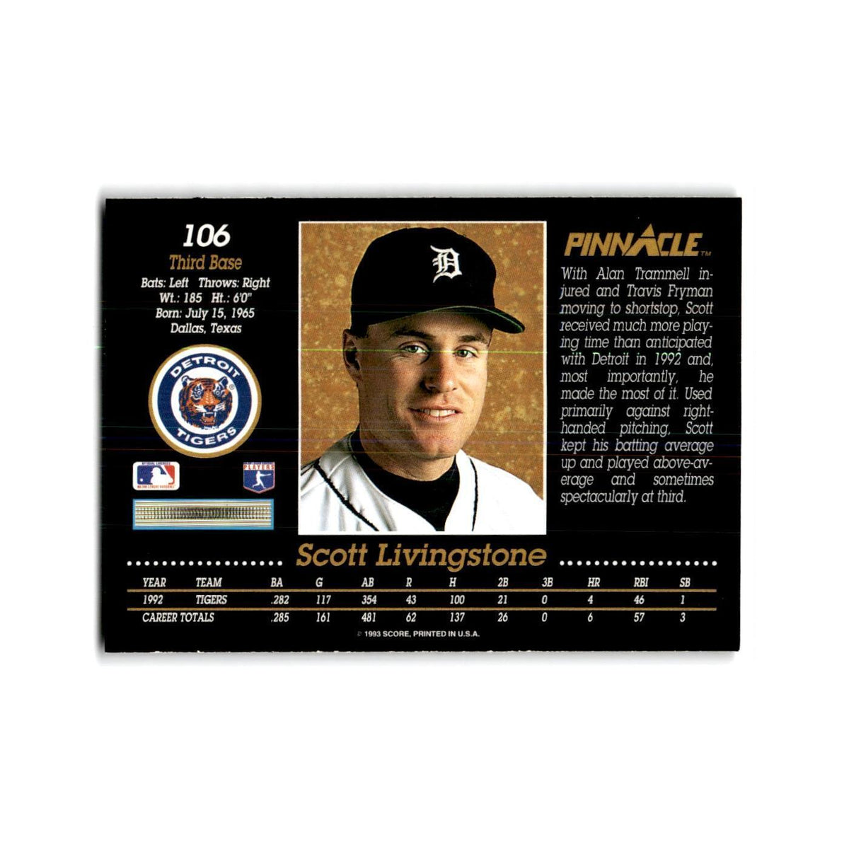 Scott Livingstone 1993 Pinnacle #106 Detroit Tigers Baseball Card NM