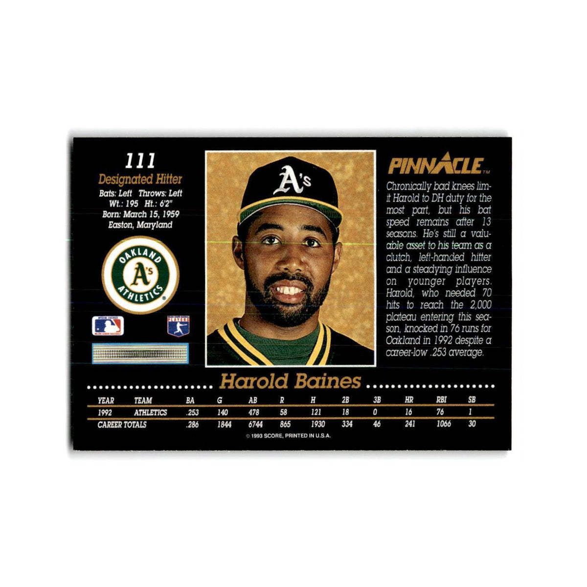 Harold Baines 1993 Pinnacle #111 Oakland Athletics Baseball Card NM