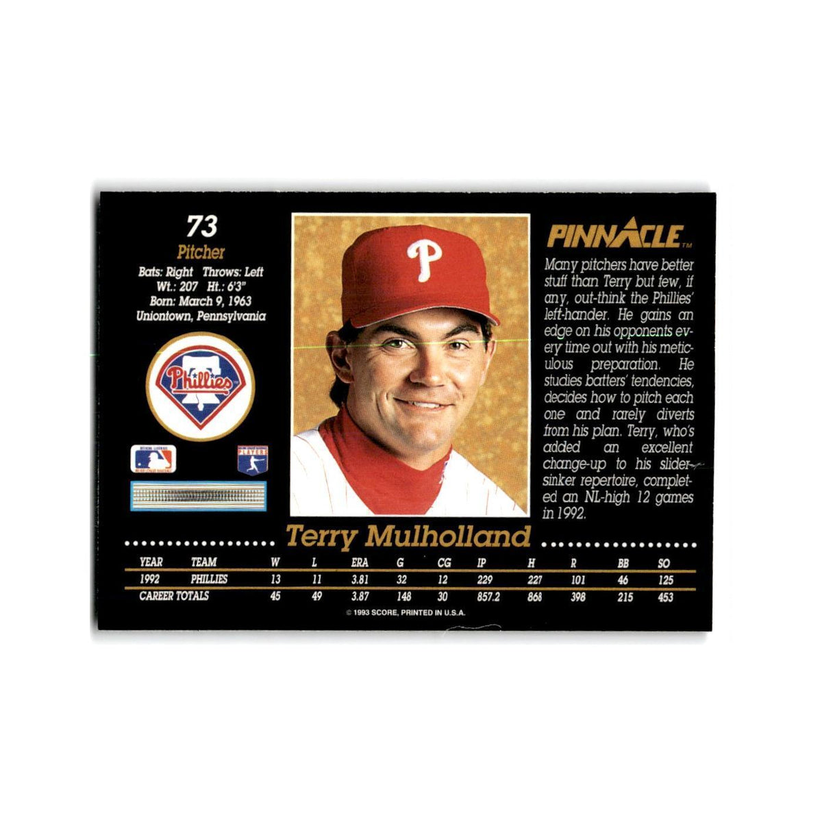 Terry Mulholland 1993 Pinnacle #73 Philadelphia Phillies Baseball Card NM