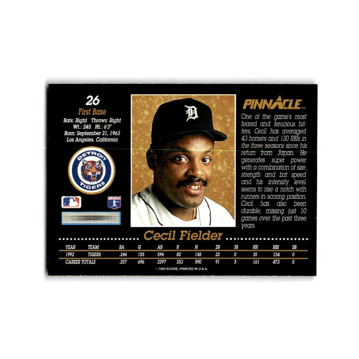 Cecil Fielder 1993 Pinnacle #26 Detroit Tigers Baseball Card NM