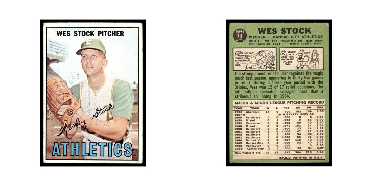 1967 Topps Baseball Card Wes Stock Kansas City Athletics #74