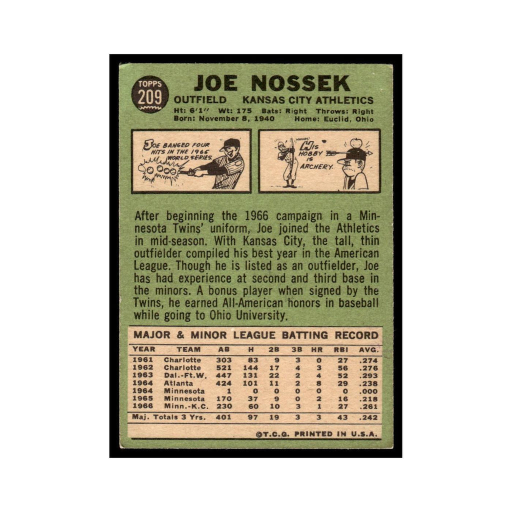 1967 Topps Baseball Card Joe Nossek Kansas City Athletics #209