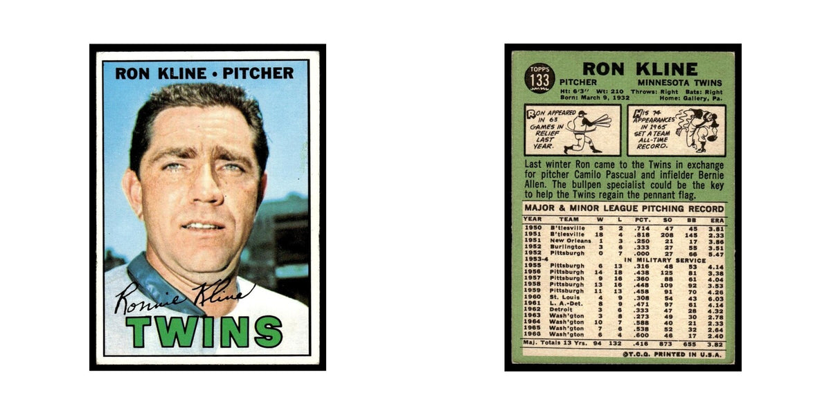1967 Topps Baseball Card Ron Kline Twins #133