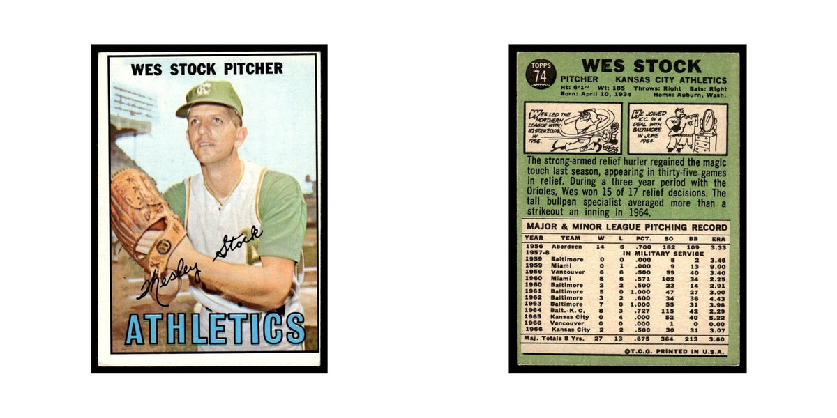 1967 Topps Baseball Card Wes Stock Kansas City Athletics #74