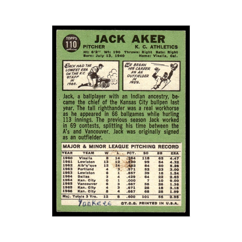 1967 Topps Baseball Card Jack Aker Kansas City Athletics #110