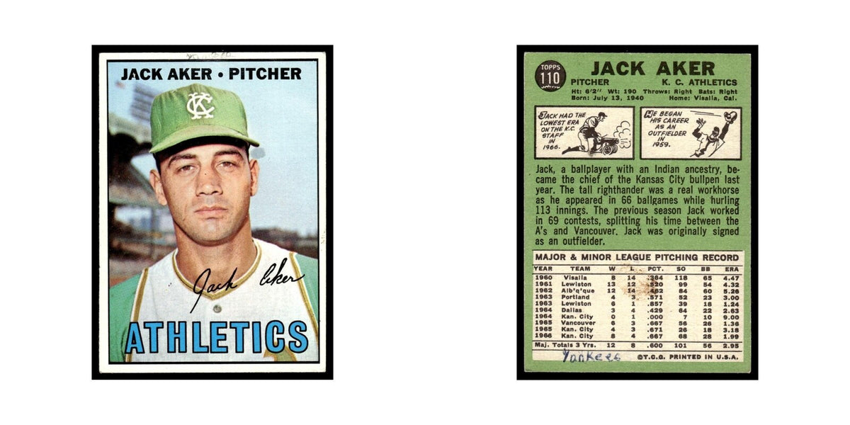 1967 Topps Baseball Card Jack Aker Kansas City Athletics #110