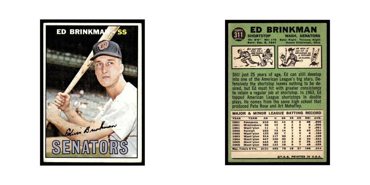 1967 Topps Baseball Card Ed Brinkman Washington Senators #311