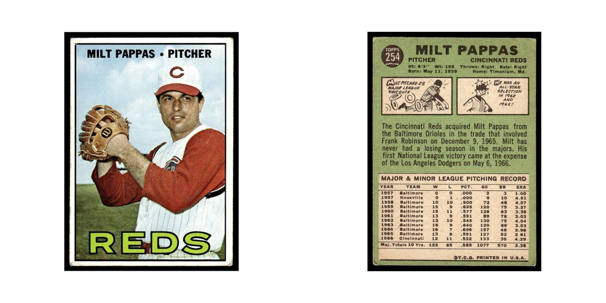 1967 Topps Baseball Card (Damaged) Milt Pappas Reds #254
