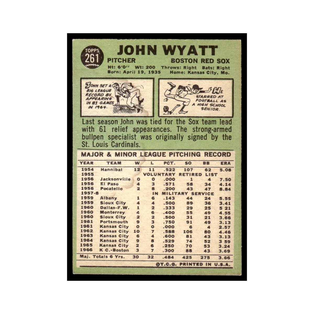 1967 Topps Baseball Card John Wyatt Red Sox #261