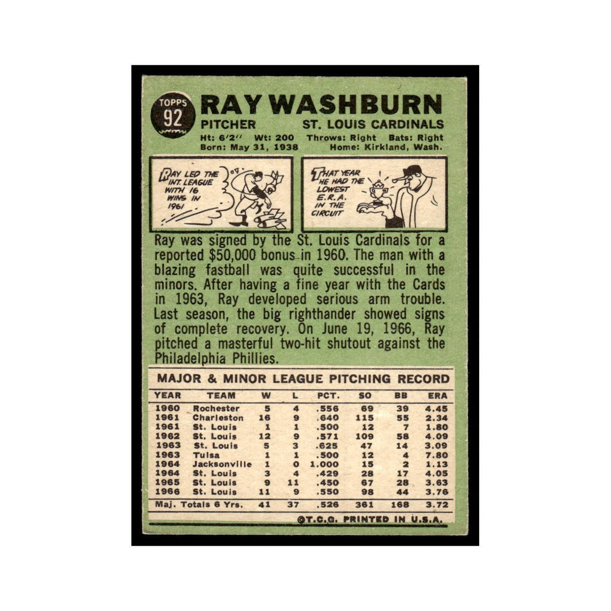 1967 Topps Baseball Card Ray Washburn Cardinals #92