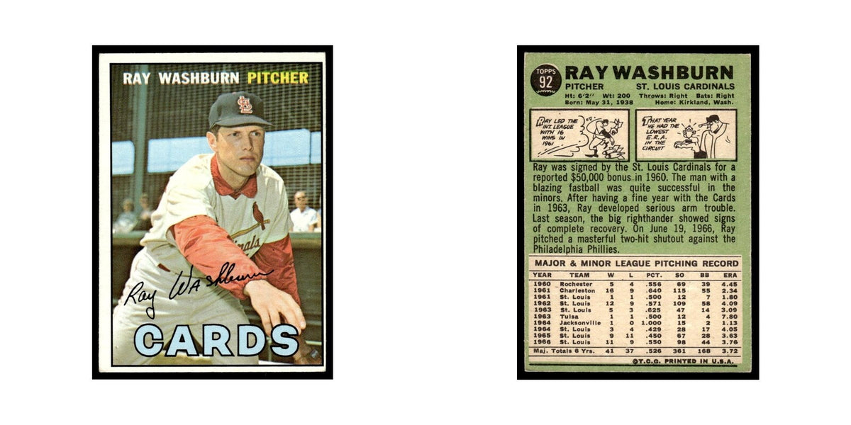 1967 Topps Baseball Card Ray Washburn Cardinals #92