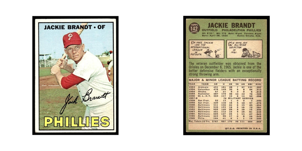 1967 Topps Baseball Card Jackie Brandt Phillies #142