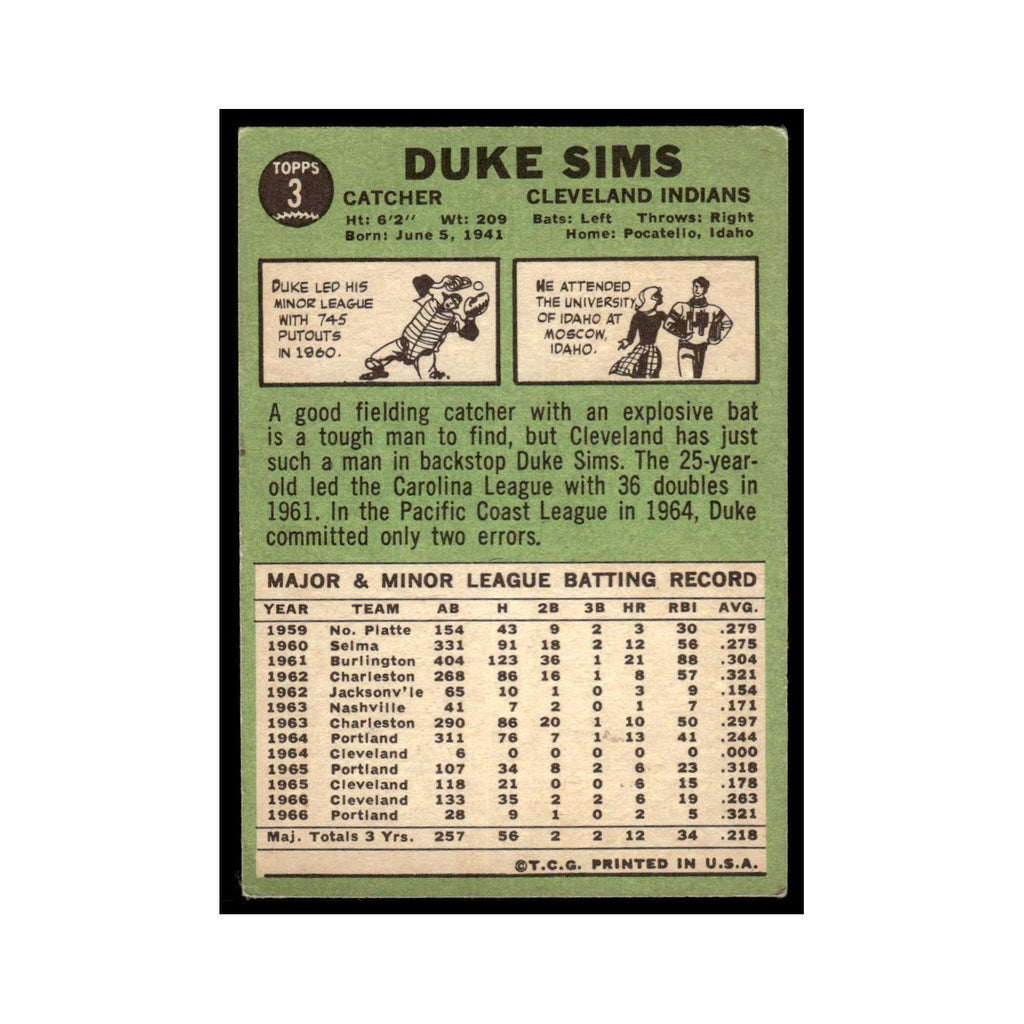 1967 Topps Baseball Card Duke Sims Indians #3