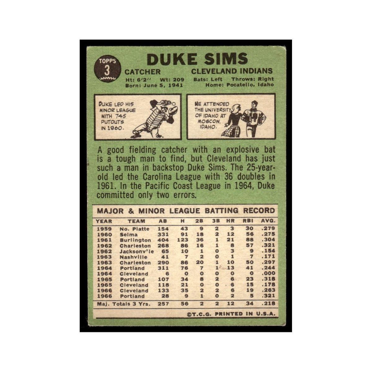 1967 Topps Baseball Card Duke Sims Indians #3