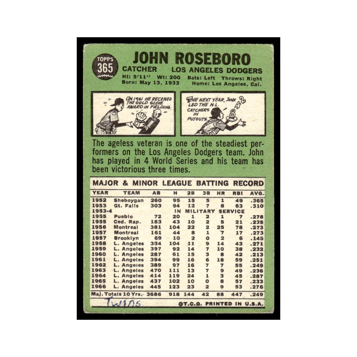 1967 Topps Baseball Card (Damaged) John Roseboro Dodgers #365