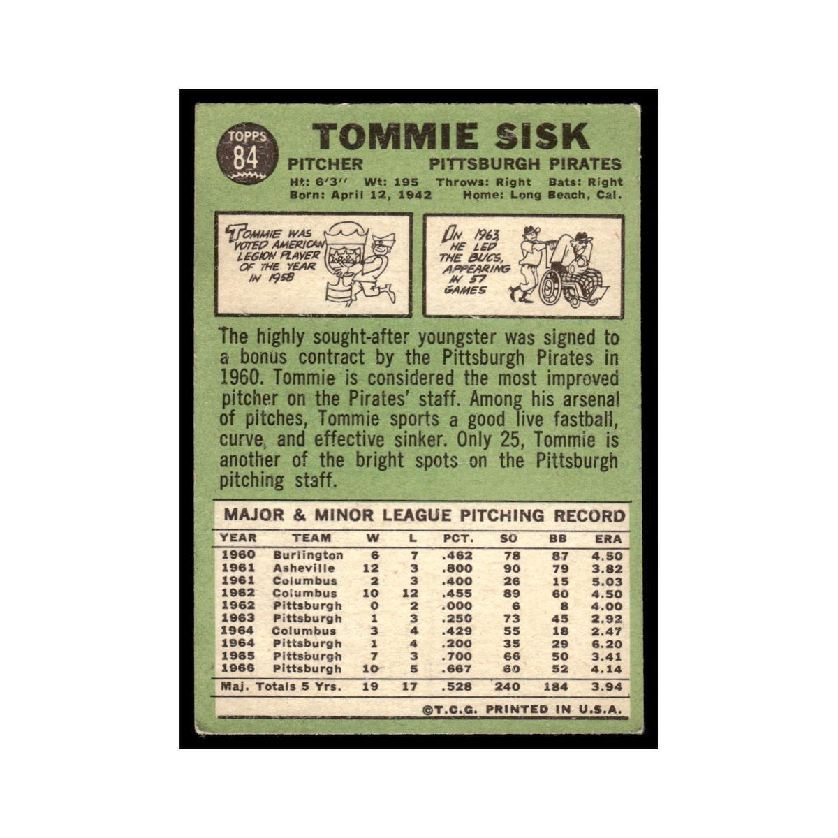 1967 Topps Baseball Card Tommie Sisk Pirates #84