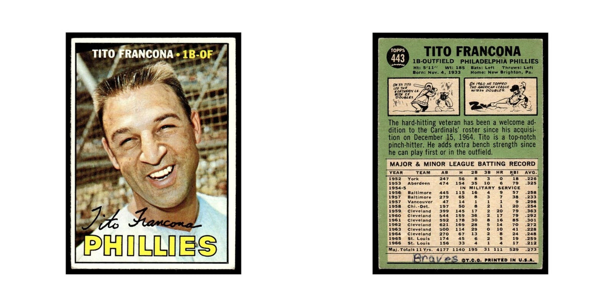 1967 Topps Baseball Card Tito Francona Phillies #443