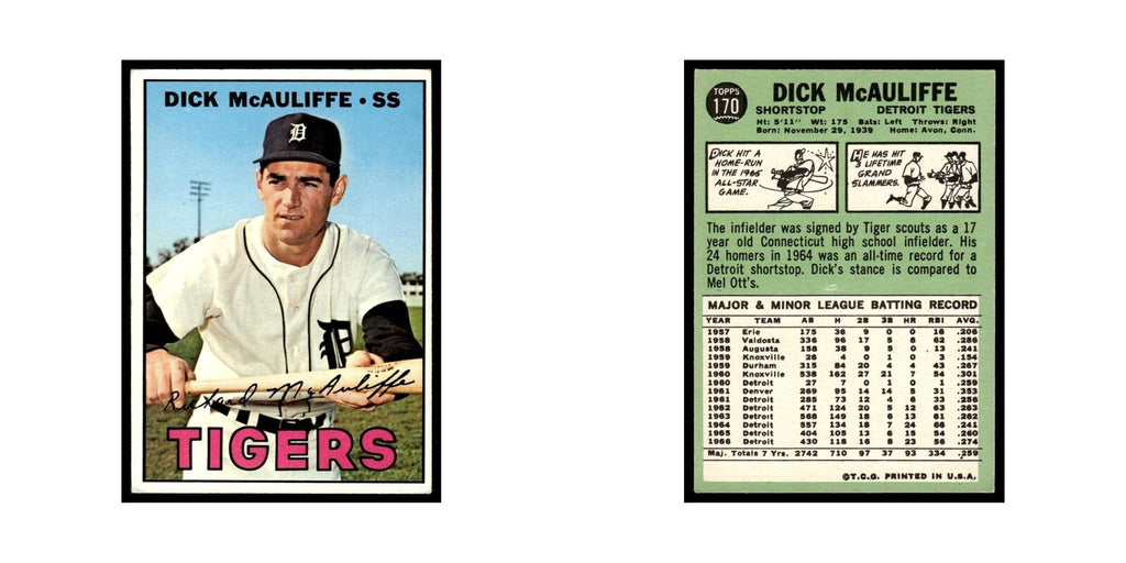 1967 Topps Baseball Card Dick McAuliffe Tigers #170