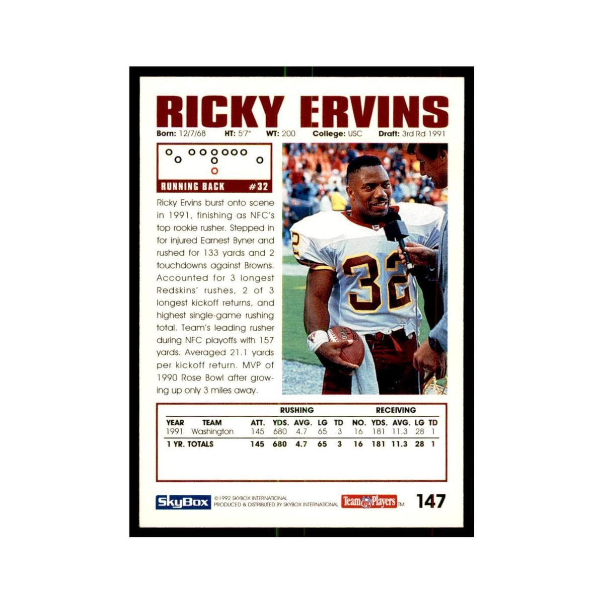 1992 SkyBox Ricky Ervins Football Cards #147