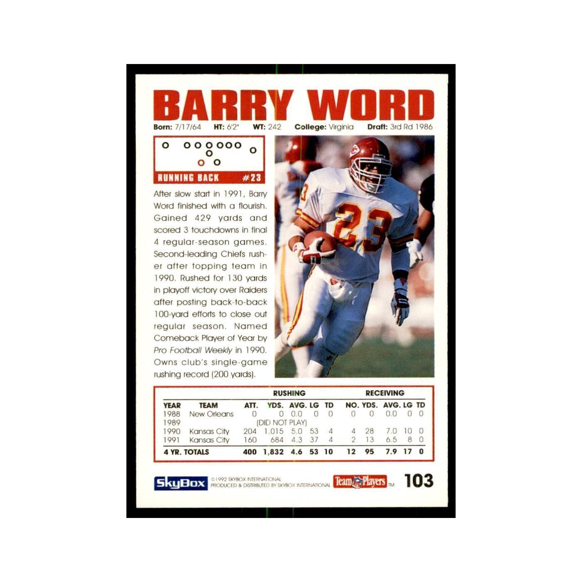 1992 SkyBox Barry Word Football Cards #103