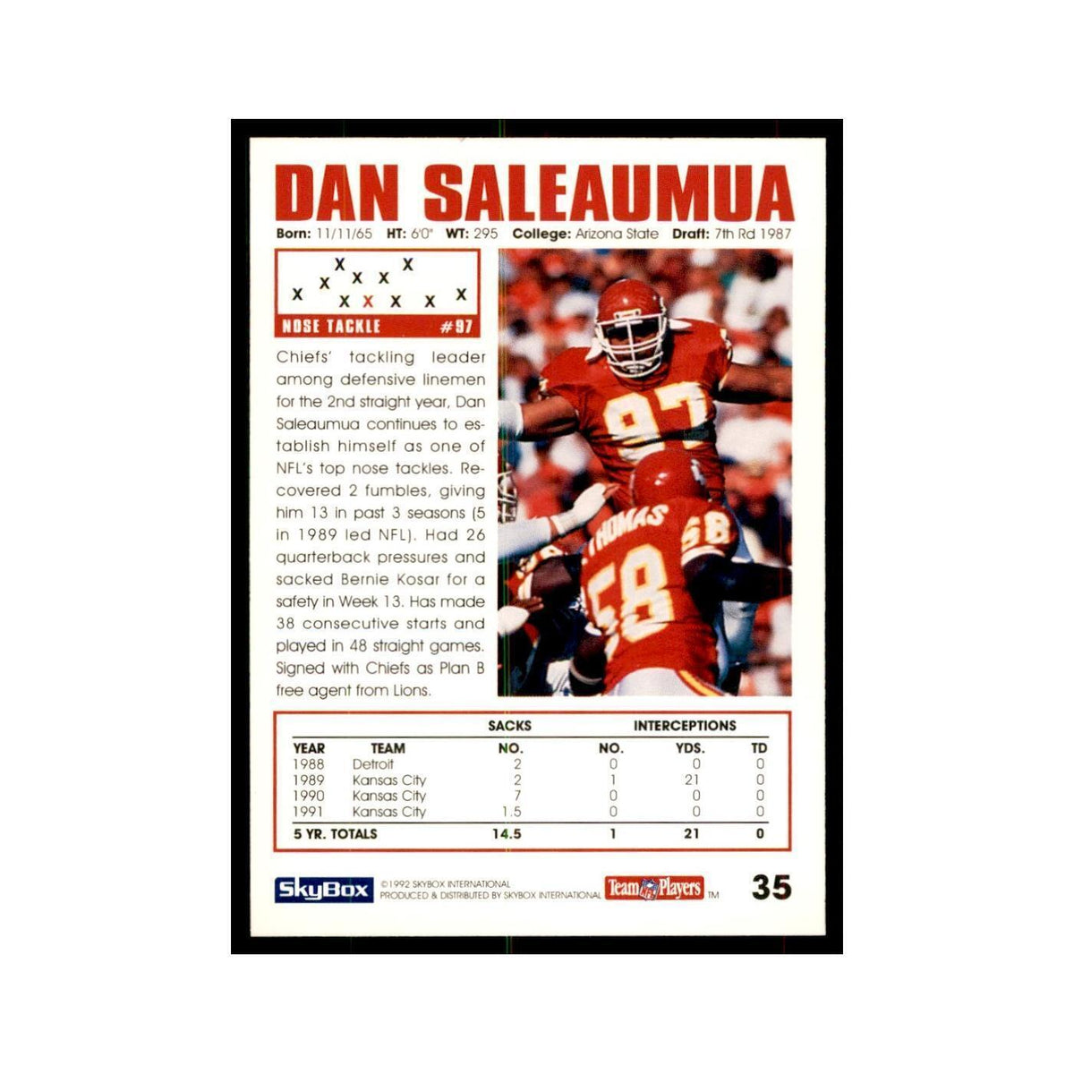 1992 SkyBox Dan Saleaumua Football Cards #35