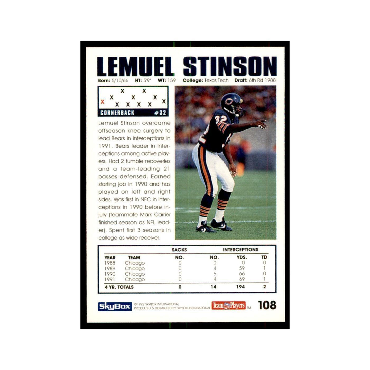 1992 SkyBox Lemuel Stinson Football Cards #108