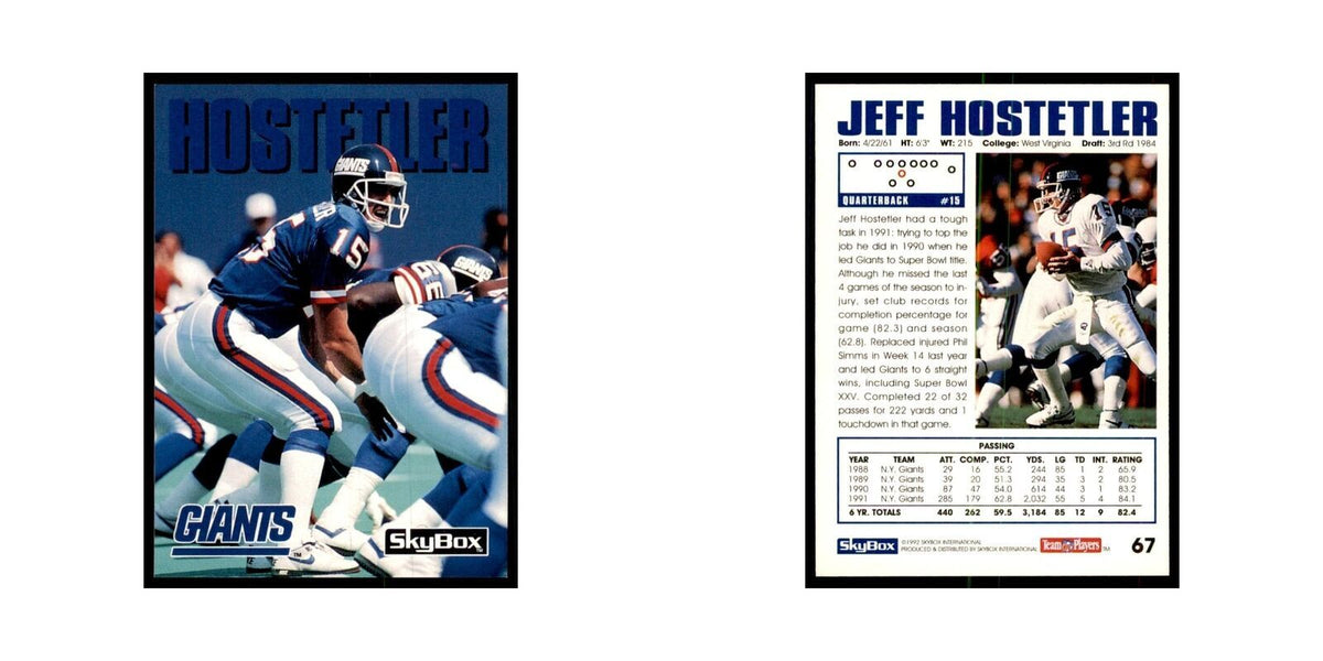 1992 SkyBox Jeff Hostetler Football Cards #67