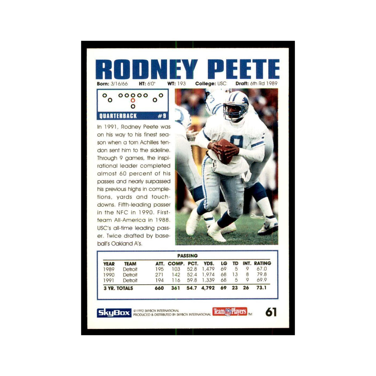 1992 SkyBox Rodney Peete Football Cards #61