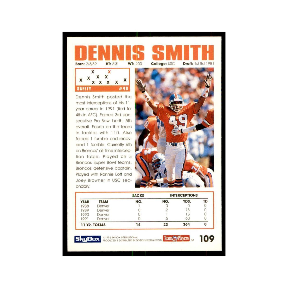 1992 SkyBox Dennis Smith Football Cards #109