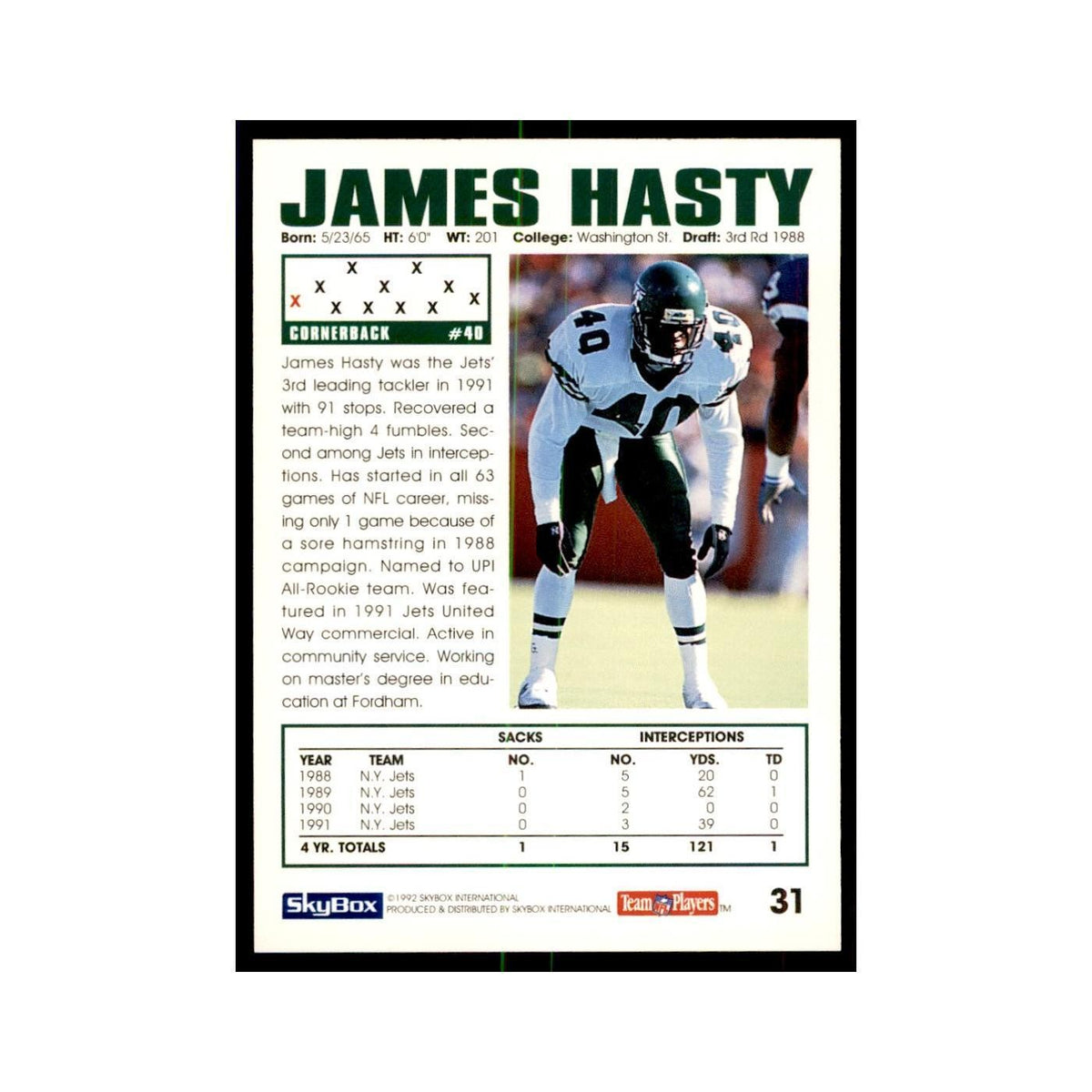 1992 SkyBox James Hasty Football Cards #31
