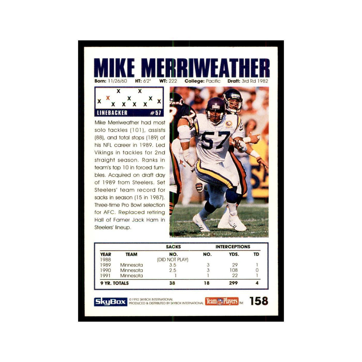 1992 SkyBox Mike Merriweather Football Cards #158