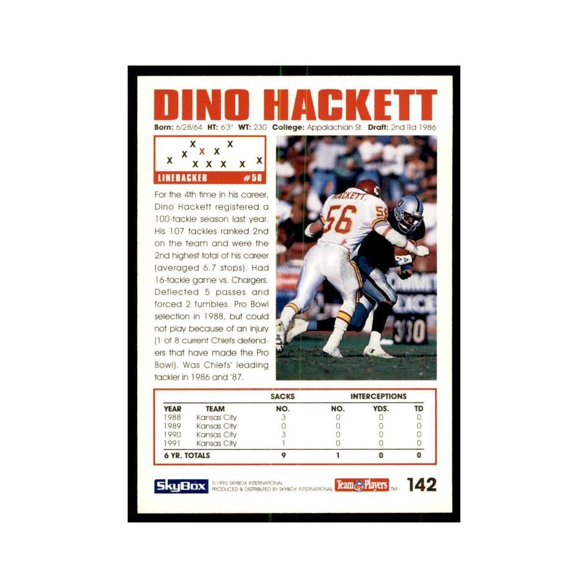 1992 SkyBox Dino Hackett Football Cards #142