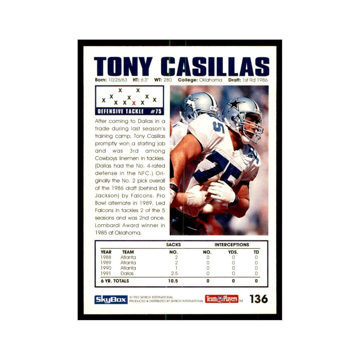 1992 SkyBox Tony Casillas Football Cards #136