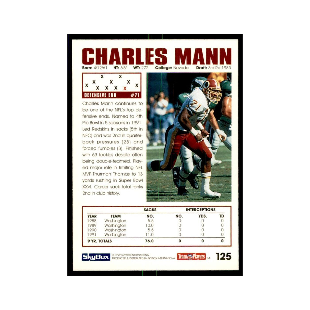 1992 SkyBox Charles Mann Football Cards #125