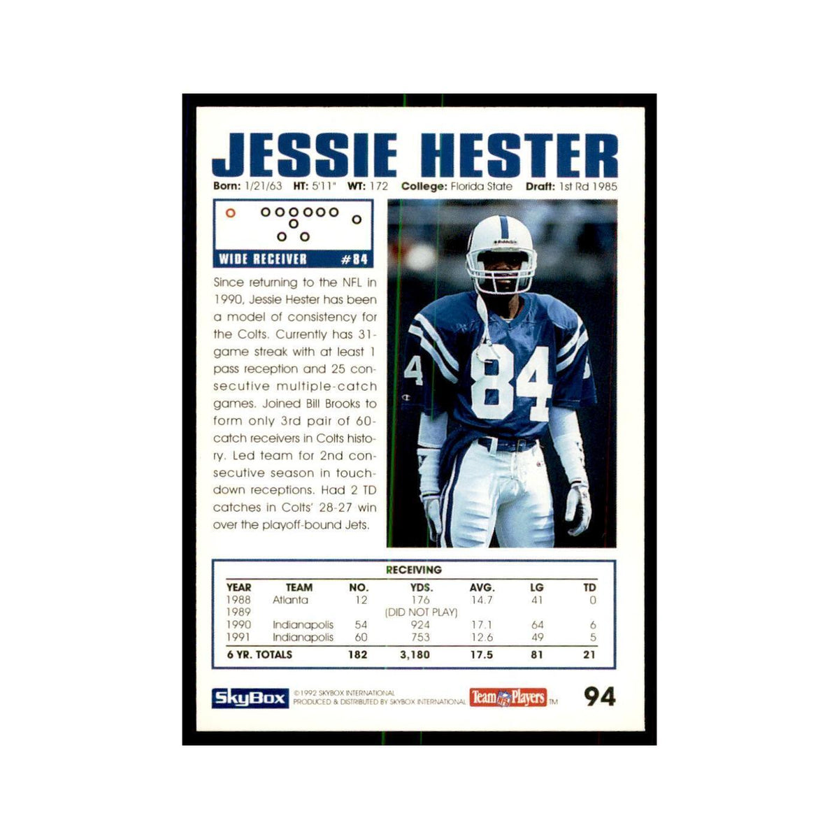 1992 SkyBox Jessie Hester Football Cards #94