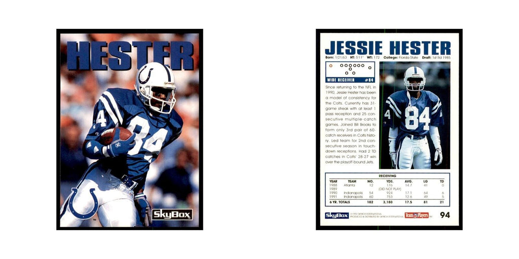 1992 SkyBox Jessie Hester Football Cards #94