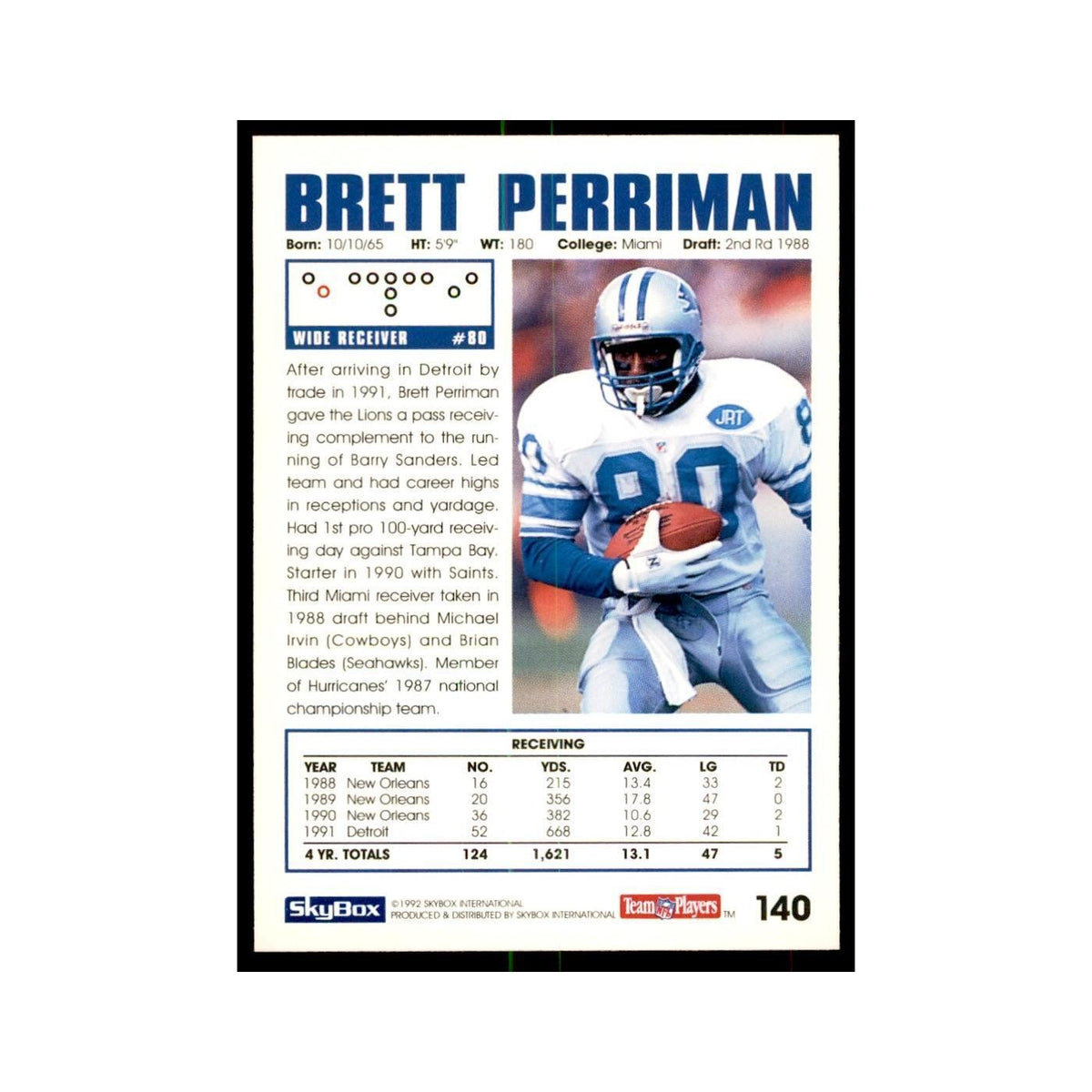 1992 SkyBox Brett Perriman Football Cards #140