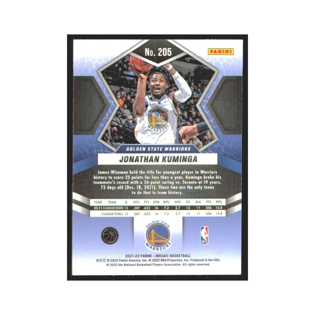 2021 Panini Mosaic Jonathan Kuminga RC Golden State Warriors #205