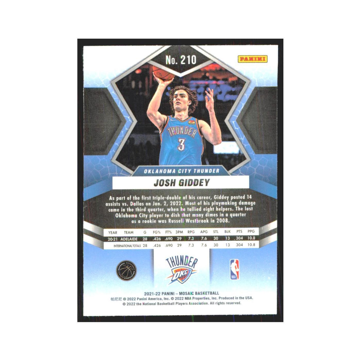 2021 Panini Mosaic Josh Giddey RC Thunder #210