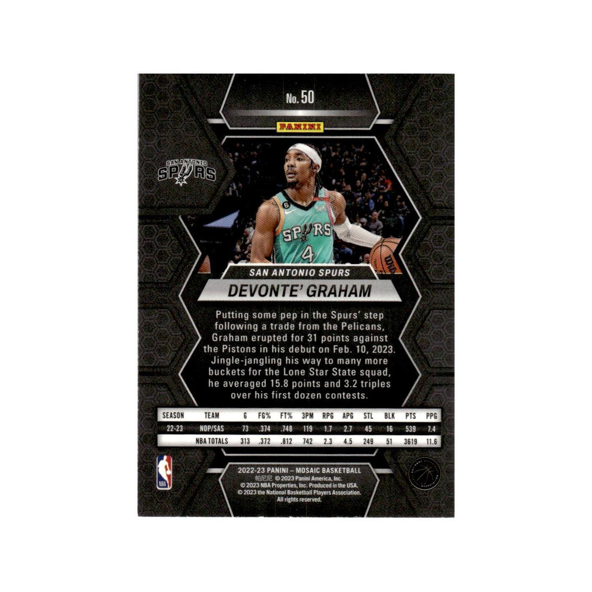 Devonte' Graham 2022 Panini Mosaic #50 San Antonio Spurs Basketball Card NM