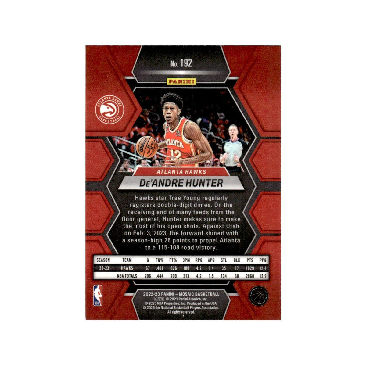De'Andre Hunter 2022 Panini Mosaic #192 Atlanta Hawks Basketball Card NM