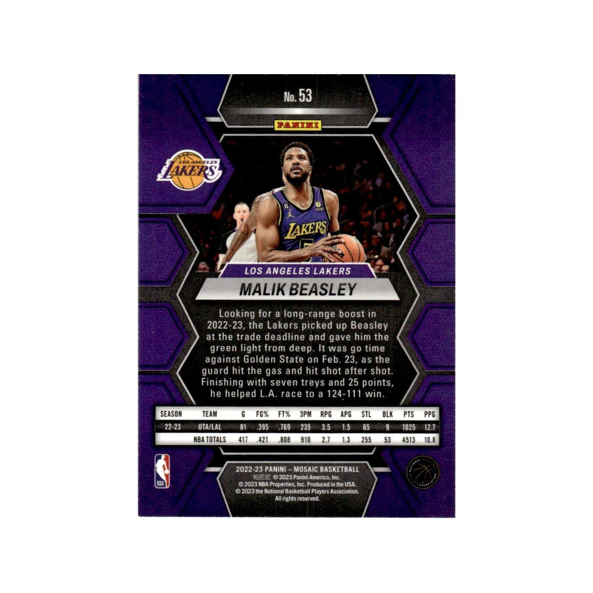 Malik Beasley 2022 Panini Mosaic #53 Los Angeles Lakers Basketball Card NM