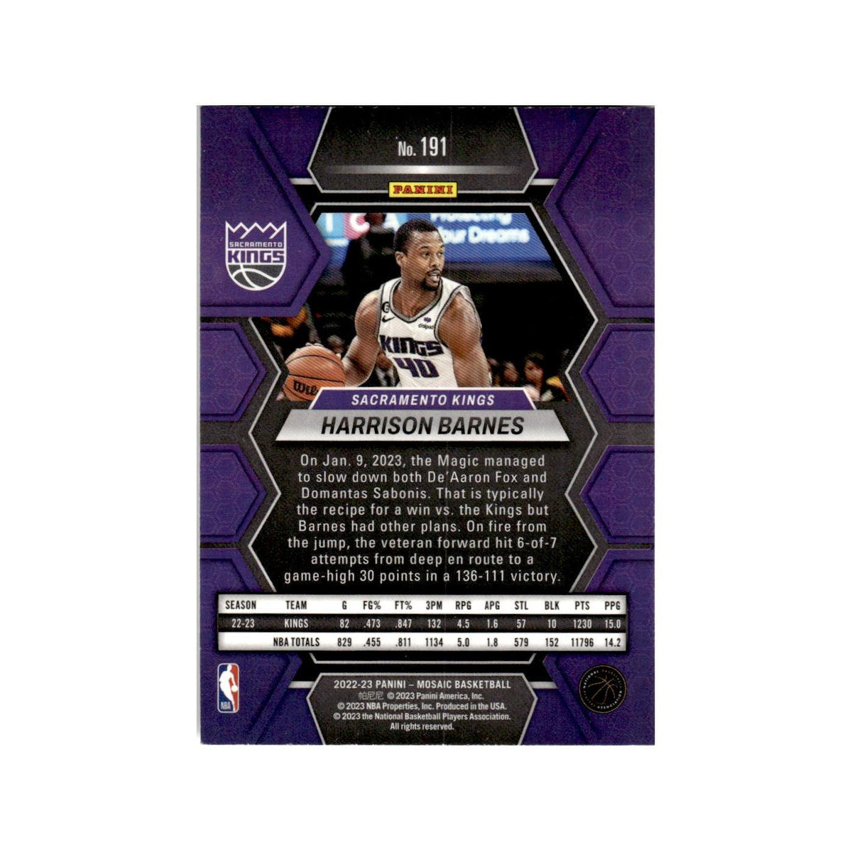 Harrison Barnes 2022 Panini Mosaic #191 Sacramento Kings Basketball Card NM