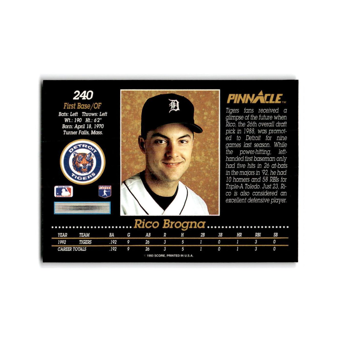 Rico Brogna Rookie 1993 Pinnacle #240 Detroit Tigers Baseball Card NM