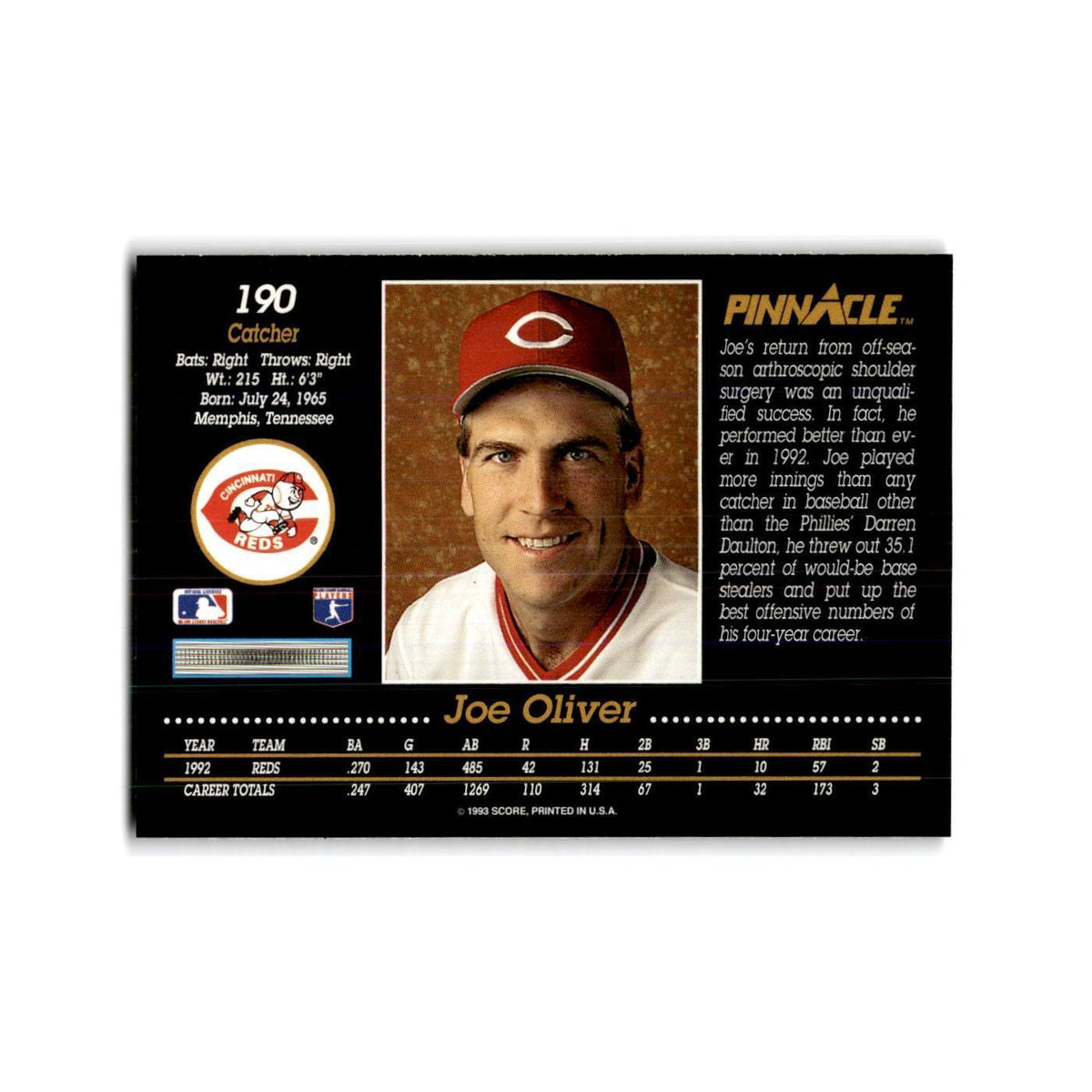 Joe Oliver 1993 Pinnacle #190 Cincinnati Reds Baseball Card NM