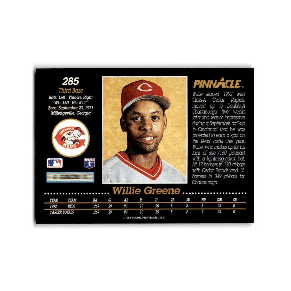 Willie Greene Rookie 1993 Pinnacle #285 Cincinnati Reds Baseball Card NM