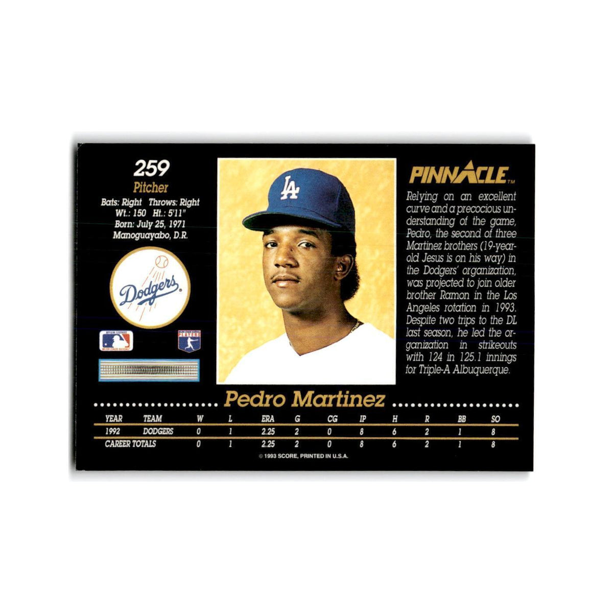 Pedro Martinez Rookie 1993 Pinnacle #259 Los Angeles Dodgers Baseball Card NM
