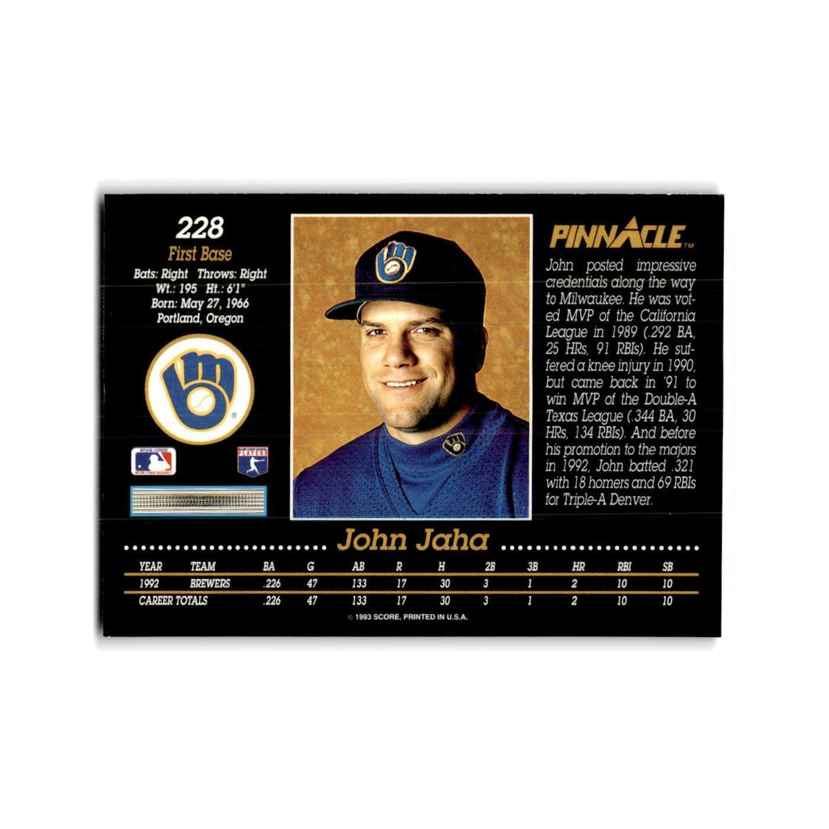 John Jaha 1993 Pinnacle #228 Milwaukee Brewers Baseball Card NM